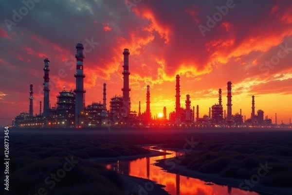 Fototapeta Fiery Sunset Illuminates Industrial Complex Silhouette Against a Dramatic Sky, Reflecting in a Serpentine Waterway