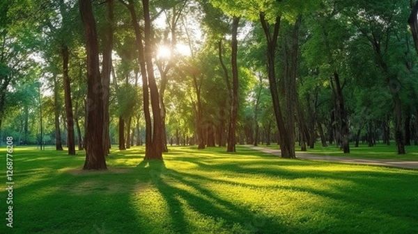 Fototapeta Bright Sunlight Shining Through Greenery in a Serene Park Setting