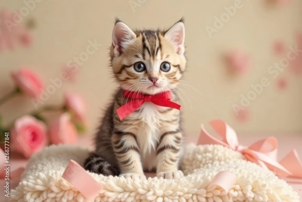 Fototapeta Adorable Kitten Wearing a Red Bow on a Soft Fluffy Surface