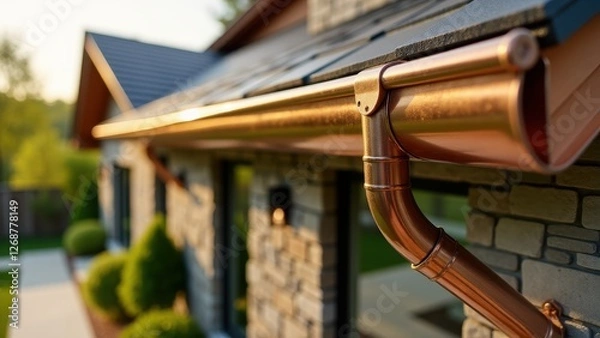 Obraz Home gutter system, Stone facade home with a sunlight-reflecting copper gutter system