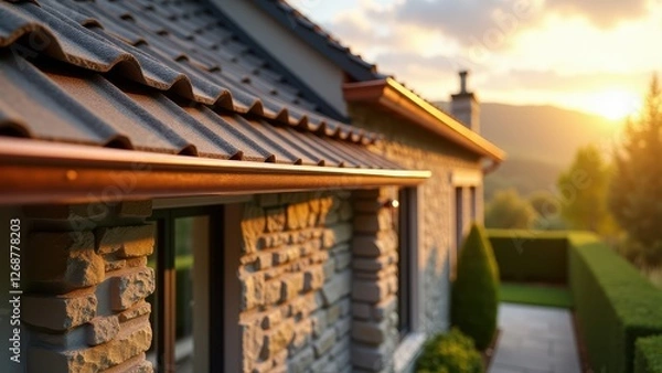 Fototapeta Home gutter system, Stone facade home with a sunlight-reflecting copper gutter system
