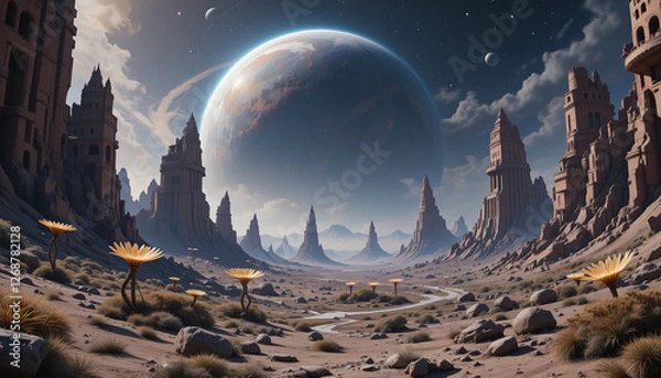 Fototapeta Futuristic Extraterrestrial Terrain with Twin Suns