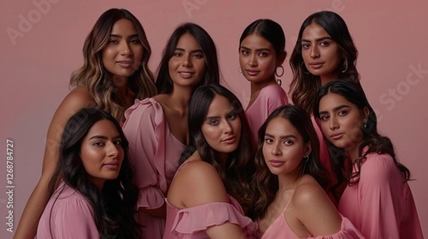 Obraz A group of beautiful women with diverse hair and skin tones, wearing pink attire and smiling at the camera, standing against an isolated pastel background. 