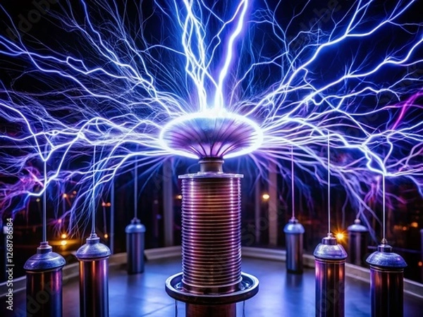 Obraz Aerial View: Tesla Coil Electrical Discharge - 4K Close-up