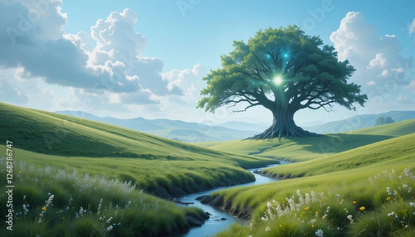 Fototapeta Fairyland Paradise with a Glowing Mystical Tree