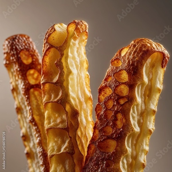 Fototapeta Close-Up on Delectably Textured, Airy Crisps: The detailed surface of these light and crispy treats reveals a network of bubbles and golden edges, inviting a closer look at their tempting texture.