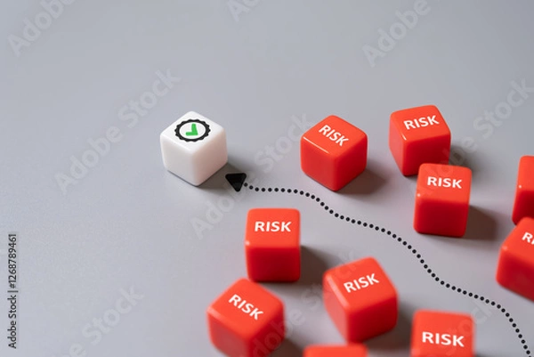 Fototapeta Close up shot with red cube with risk identify risk and solve with certified standard. Risk management concept for business breakthrough planning for risk mitigation to overcome challenge.