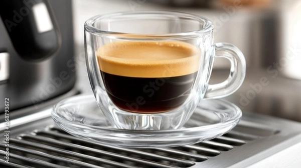 Fototapeta Espresso in Double-Walled Glass Cup on Metal Surface