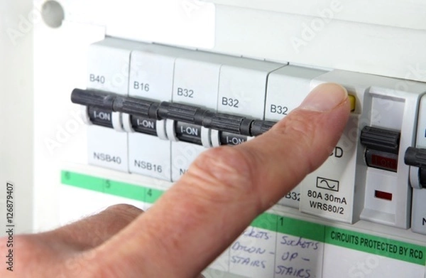 Obraz Testing an RCD (Residual Current Device) on a UK domestic electrical consumer unit or fuse box