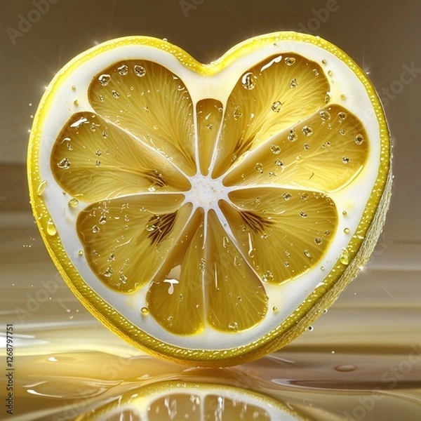 Fototapeta A Zest for Love: A Heart-Shaped Lemon Slice, Revealing its Juicy Interior and Vibrant Yellow Hue, a Symbol of Sweet and Sour Affection.
