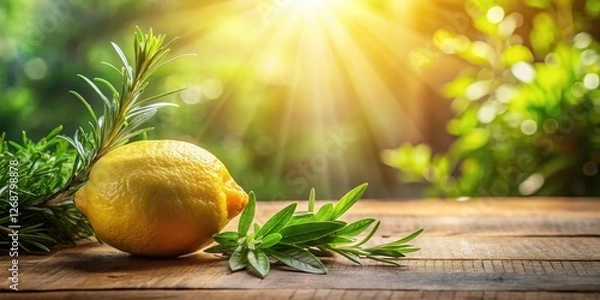 Fototapeta Fresh lemon sitting on a wooden table surrounded by lush green leaves and a few sprigs of rosemary, with a hint of sunlight peeking through the window , natural elements, organic produce