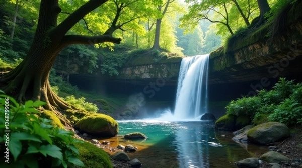 Fototapeta Serene Waterfall Cascading Through Lush Forest, Sunlight Dappling the Emerald Pool Below
