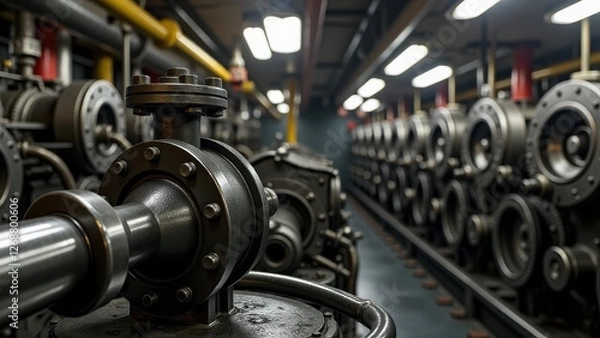 Fototapeta Overflow valve, Engine room ship's machinery visible polished overflow valve