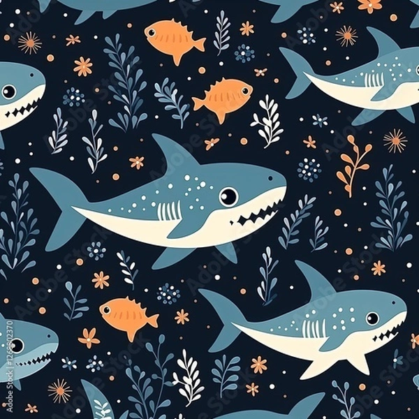 Fototapeta Abstract Flat Vector Illustration of Sharks Swimming in a Seamless Pattern