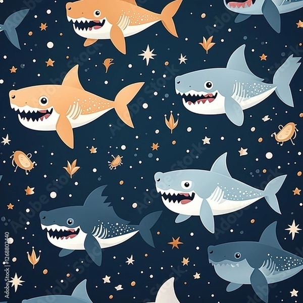 Fototapeta Abstract Flat Vector Illustration of Sharks Swimming in a Seamless Pattern