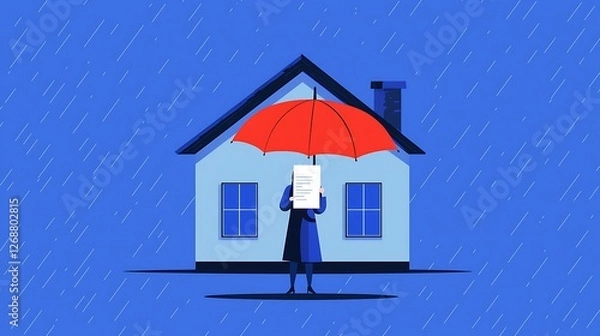 Fototapeta A person stands in front of a blue house holding an umbrella, representing protection and security amidst a rainy background.