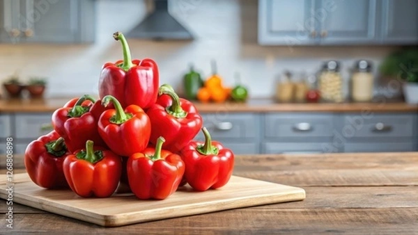 Fototapeta Fresh red bell peppers arranged in a triangular formation on a wooden cutting board, with some peppers slightly overlapping each other, kitchen, garnish