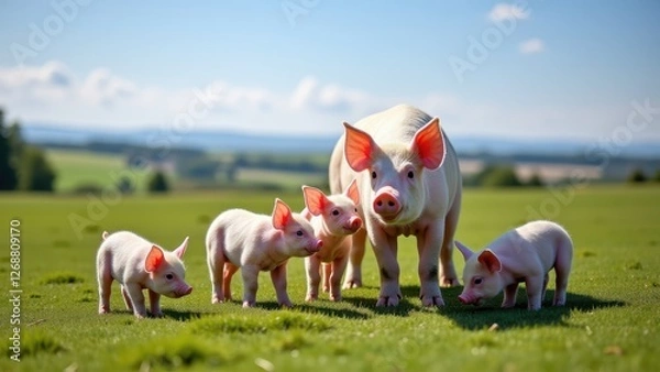 Fototapeta Piglets nursing,  Field piglets feeding clear sky no blur photorealistic.