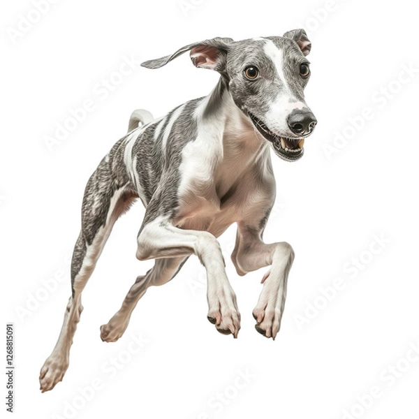 Fototapeta A sleek, playful dog leaps joyfully, showcasing its athleticism and energetic spirit.