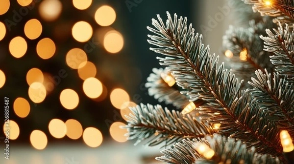 Obraz Frosted Christmas Tree Branch with Golden Lights and Bokeh Background