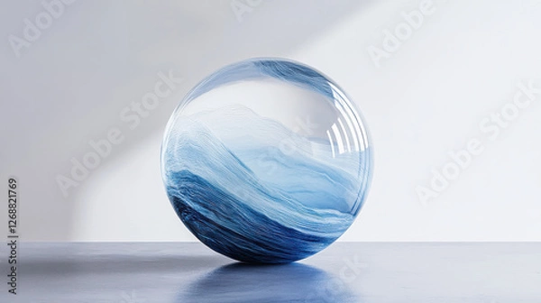 Fototapeta A breathtaking handcrafted glass sphere, featuring fluid icy blue and white patterns, positioned elegantly on a monochrome surface