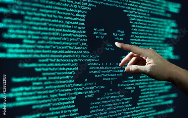 Fototapeta Human hand points at abstract Modern tech of Programming code screen with skull. Computer Virus, Malware, and Hacker Attack Concept.