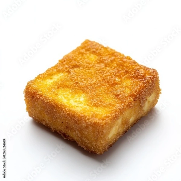 Fototapeta Golden fried tofu piece on a plain background highlighting its crispy texture and delightful appearance