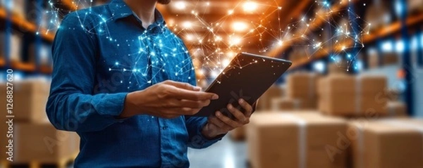 Obraz Person Using Tablet in Warehouse with Glowing Network Connections
