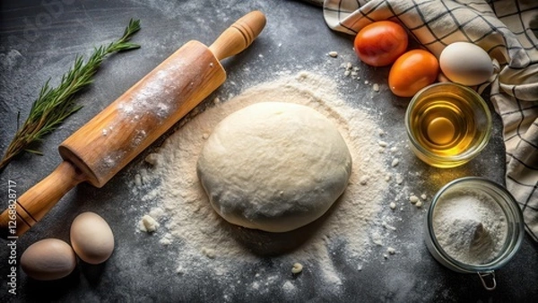 Fototapeta Raw pizza dough rolling out on a counter top, with a ball of dough in the center, surrounded by flour and utensils, baking, culinary