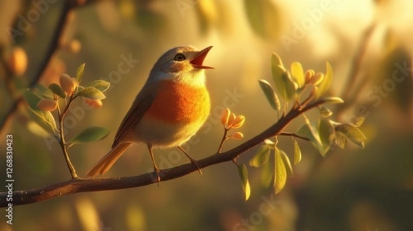 Fototapeta Robin singing on a budding branch during golden hour in a tranquil garden setting