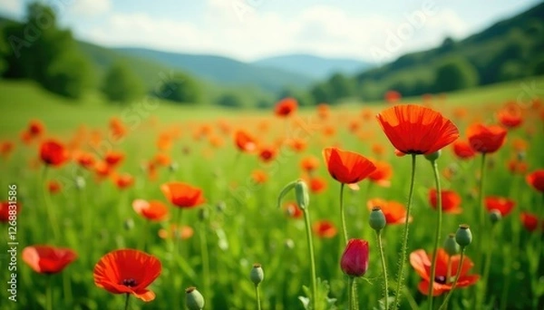 Fototapeta Poppy field in a lush green meadow with wildflowers, poppy, flowers