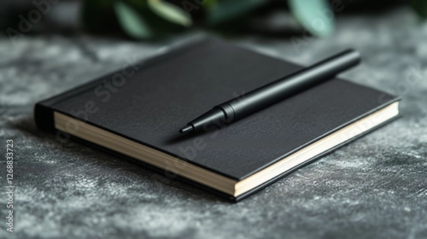 Obraz Notebook and pen placed on a textured surface with green foliage in the background during daylight, showcasing a calm and organized workspace. Generative AI