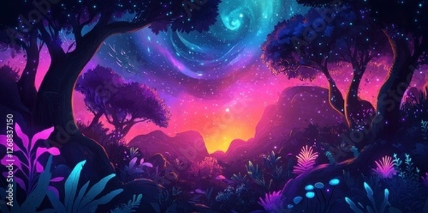 Fototapeta A fantastical forest under a vibrant cosmic sky emerges at night