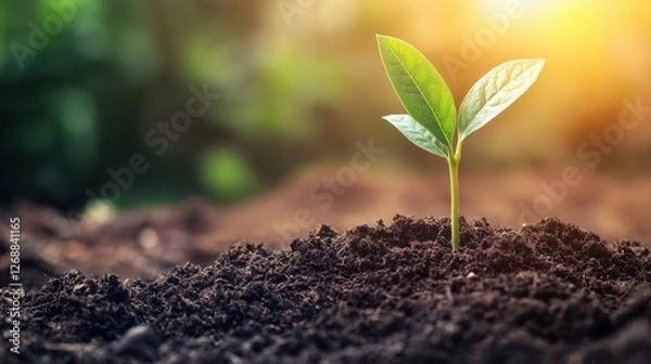 Fototapeta A small green seedling emerges from dark soil, illuminated by warm sunlight, symbolizing growth and new beginnings.