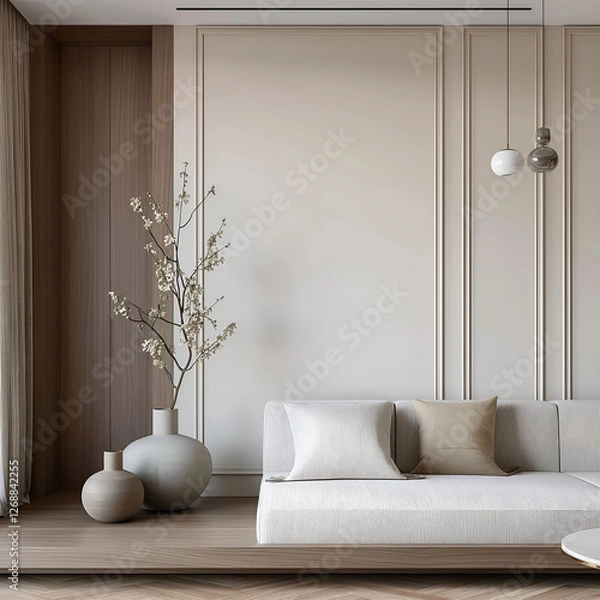 Fototapeta Aesthetic elegant minimalist modern interior design. Clear mock up empty wall for decoration in the apartment. Copy space in the room.
