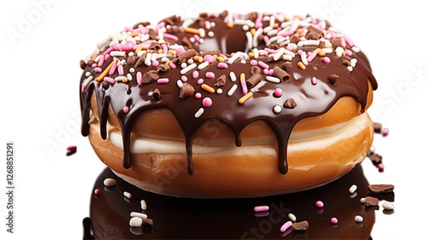 Fototapeta Chocolate Glazed Donut Sprinkled Bakery Treat, Yummy Cake with Cream and Sugar, isolated on transparent background.