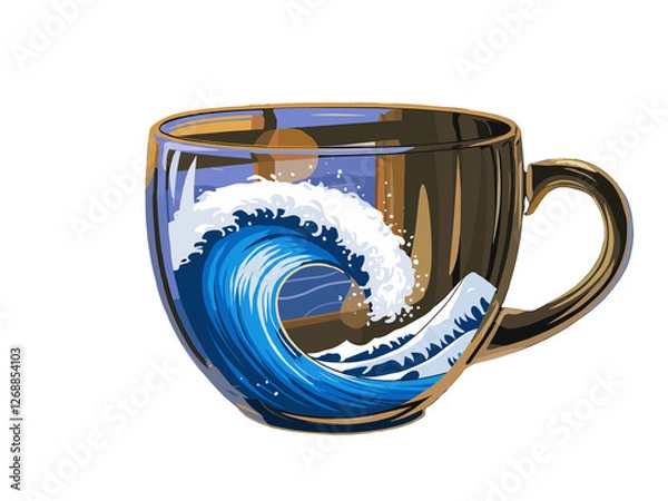 Fototapeta Creative coffee mug featuring a vibrant wave design with ocean elements in a cozy setting