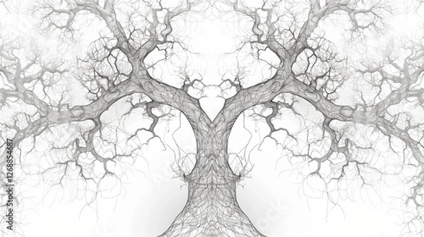 Fototapeta An abstract line art depiction of a tree with intertwining branches and roots, creating a symmetrical pattern on a white background.