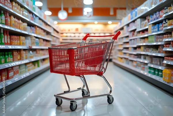 Fototapeta Supermarket aisle with empty red shopping cart