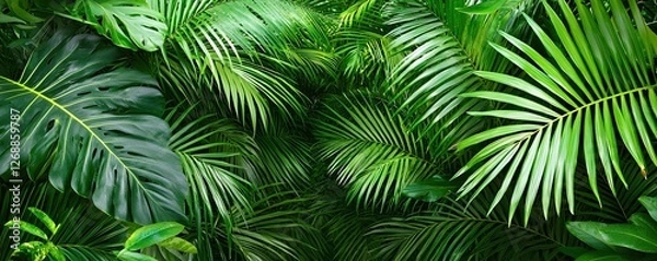 Fototapeta Lush Green Tropical Foliage Background for Nature and Adventure Themes