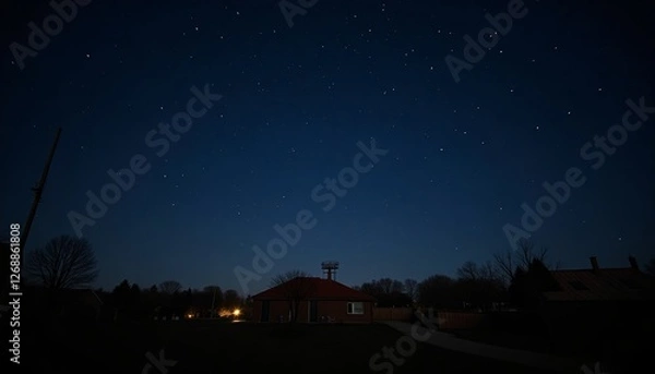 Fototapeta Starry night sky over quiet village, with lights turned off in honor of Earth Hour, showcasing beauty of dark sky.