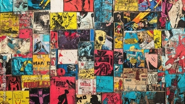 Fototapeta Dynamic Pop Art Collage of Vintage Comic Panels, Colorful Designs, Graphic Art, White Background, Bold Patterns