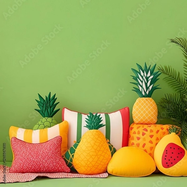 Fototapeta Fun fruit-shaped pillows, like pineapples and mangoes, arranged for a picnic