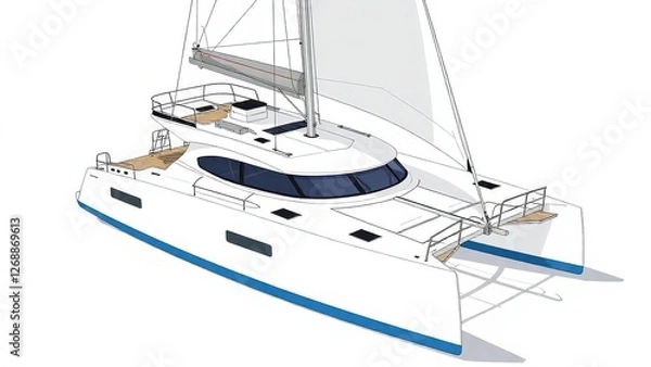 Fototapeta a detailed illustration of a sleek catamaran with a spacious deck and raised cabin, featuring a prominent sail and set against a white background for a clear and focused presentation