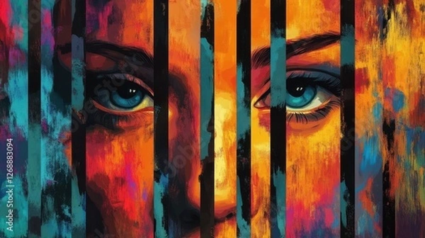 Fototapeta Colorful artistic rendering of a woman s face with bars