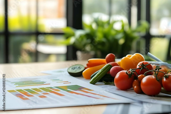 Obraz Healthy food and business charts on table.
