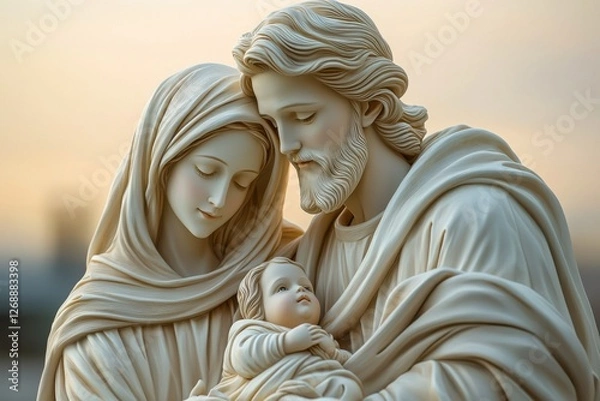 Fototapeta A serene statue depicting Mary, Joseph, and baby Jesus, symbolizing love, family, and faith, set against a soft, glowing background.