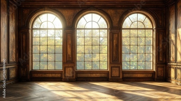 Fototapeta A sunlit room with three large arched windows, wooden accents, and a warm, inviting atmosphere, showcasing nature outside.