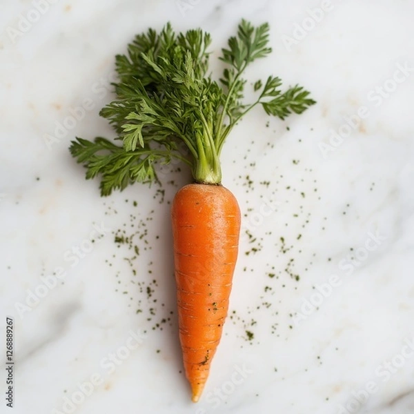 Fototapeta Fresh vibrant carrot with green tops resting on a marble surface ready for cooking or snacking