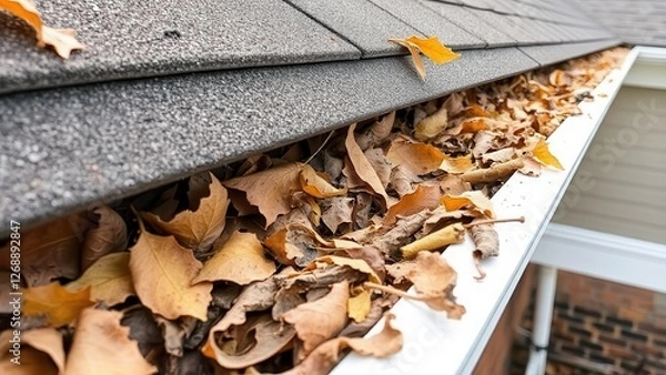 Fototapeta a house gutter filled with dry leaves and debris, showing the edge of the roof with asphalt shingles